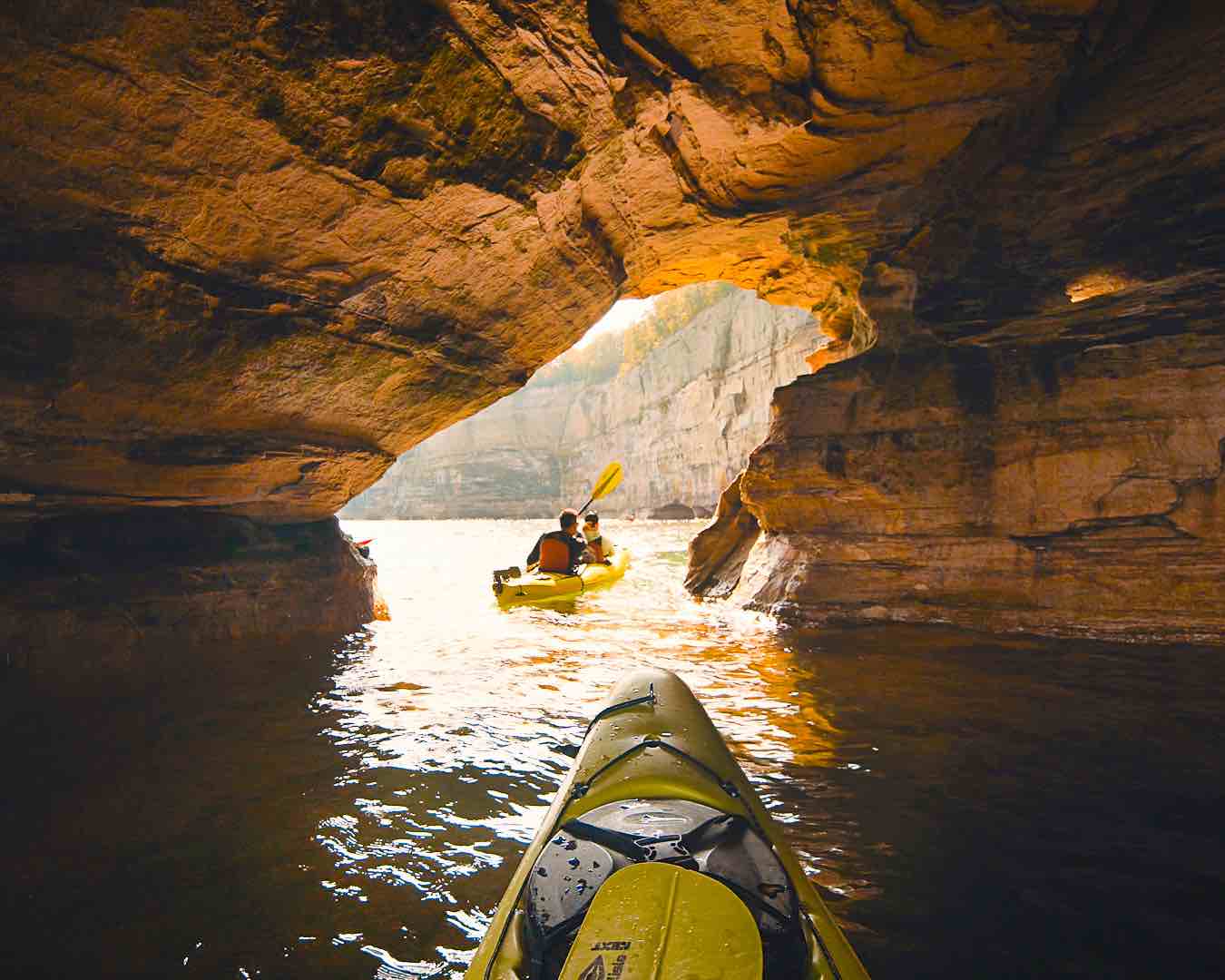 Pictured Rocks Kayaking Going through a Sea Cave<